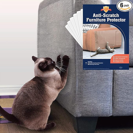 6 Pack XL Anti Cat Scratch Furniture Protector - Couch Protector from Cat Claws w/Twist Pins, Clear, Easy-to-Apply Scratching Deterrent and Shield for Sofa (Not for Leather, Velvet, Microfiber)
