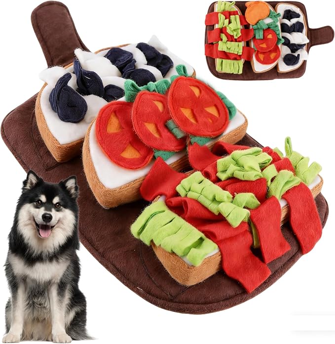 Dog Snuffle Mat for Boredom and Anxiety Relief - Interactive Puzzle Feeding Mat with Squeaky Crinkle Paper, Food-Hiding Design for Mental Stimulation & Energy Burning (Burger Fries Style)