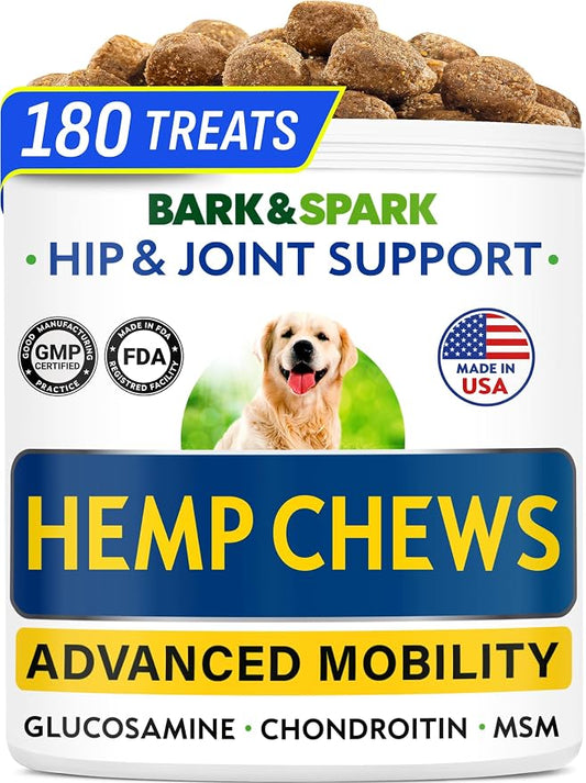 Hemp Hip & Joint Supplement for Dogs - Glucosamine for Dogs - Dog Joint Pain Relief Treats - Chondroitin, MSM - Mobility & Flexibility Support - Advanced Joint Care & Health - Made in USA (180Ct)