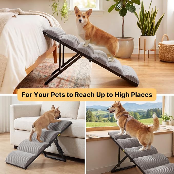 Veehoo Dog Ramp for Bed Couch for Small to Large Dog, Foldable Ramp for Dogs to Get on Bed 5 Adjustable Height from 12" to 20", Pet Cat Stairs Doggy Steps Non Slip with Metal Frame, Up to 130lbs