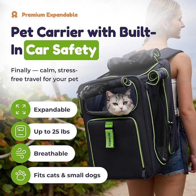 Premium Expandable Cat Carrier Backpack with Car Seat Belt Safety System – Rigid Frame Pet Carrier Backpack for Cats & Small Dogs up to 25 lbs – Breathable, Durable – Includes Bottle & Feeding Bowl