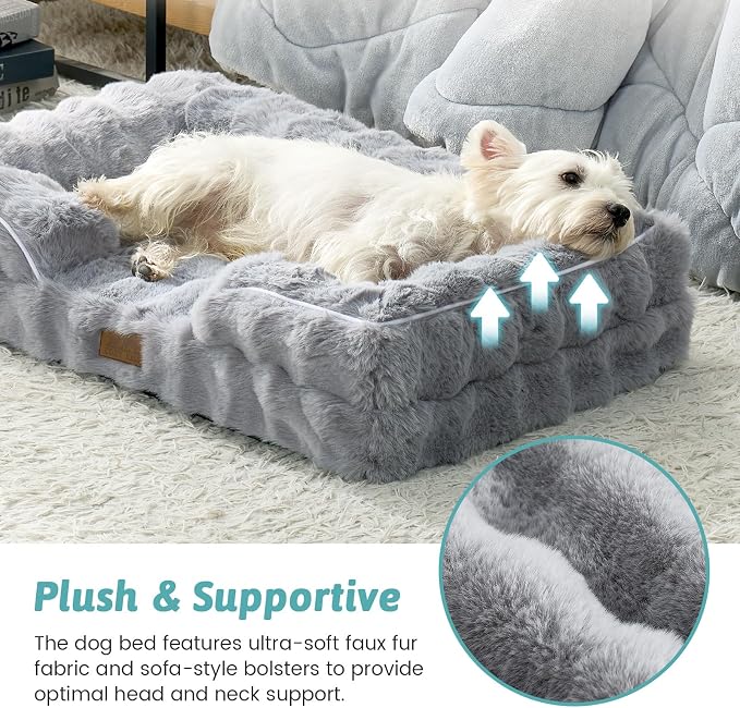 COZY KISS Orthopedic Dog Bed for Medium Small Size Dog, Soft and Warm Faux Fur Sofa for Pet Up to 40 lbs, Foam Bolster Anti-Slip Couch with Washable Removable Cover, M 30x20x6.5 inch, Grey