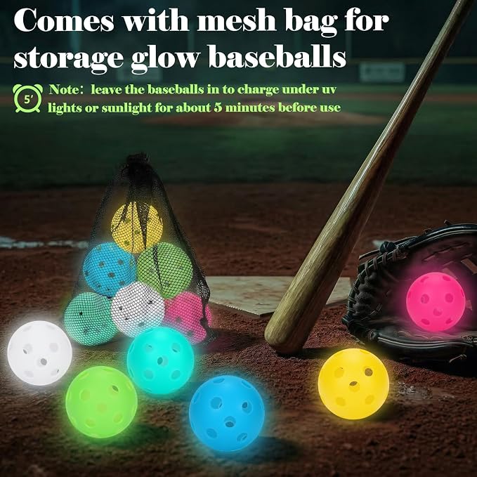 Coopay 3/6/12 Pack Practice Balls Glow in The Dark Baseballs Plastic Soft Baseballs with Drawstring Bag for Indoor Outdoor Night Training, Backyard Games Batting Hitting Softballs