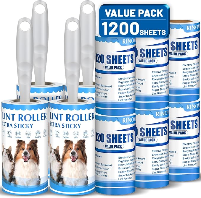 Lint Rollers for Pet Hair Extra Sticky 1200 Sheets Value Pack with 4 Handles and 10 Rolls Sticky Lint Roller for Cat Hair Dog Hair Clothes Furniture Couch