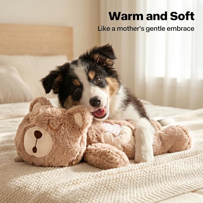 Pet Prime Heartbeat Dog Toy for Puppy Anxiety with Rechargeable Heartbeat - Smart Timer and Adjustable Speed Features to Soothe Puppies,Include 1PC Disposable Heat Pack for Extra Comfort (Bear)
