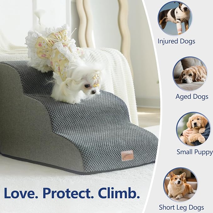 GoGoBunny Waterproof High Density Foam Curved Dog Stairs for High Beds Couches 19.7" H, 4-Step Ramp Dog Steps Friendly to Small Medium Dogs or Pets Joints, Non-Slip Balanced Durable Pet Step, Grey