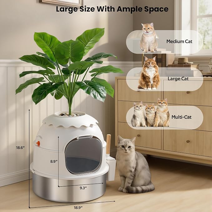 Hidden Litter Box, Stainless Steel Litter Box with Faux Plant Decor, Litter Box Enclosure with Clear Front Door, Includes Scoop & Litter Mat, Odor Control, Easy to Clean (White)