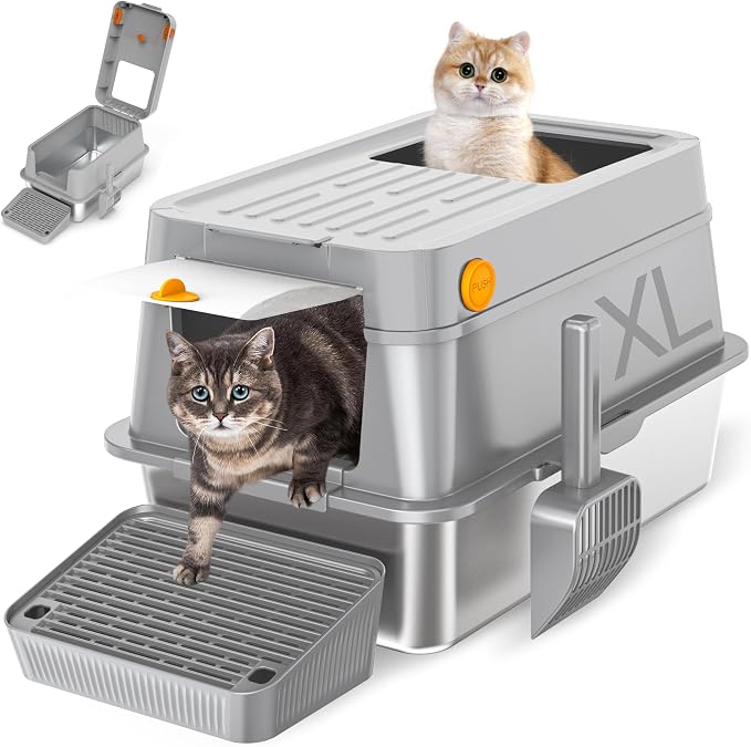 Mlzao 20L Stainless Steel Cat Litter Box with Lid, XL Enclosed Metal Litter Box with Hinged Flip-Top, Leakproof High Sides for Odor Control, Top/Front Dual Entry for Large Cats 24" × 15" × 16" - Grey