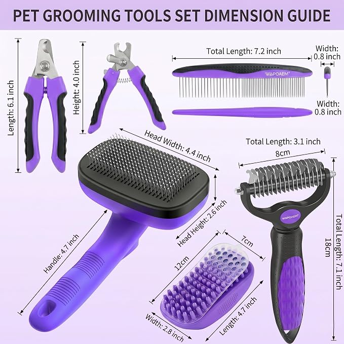Self Cleaning Slicker Brush for Dog - 5 PCS Dog Brush Grooming Kit,Undercoat Rake Brush Comb for Small Large Dogs Cats, Dog Hair Brush Set, Grooming Deshedding at Home or Travel, Purple