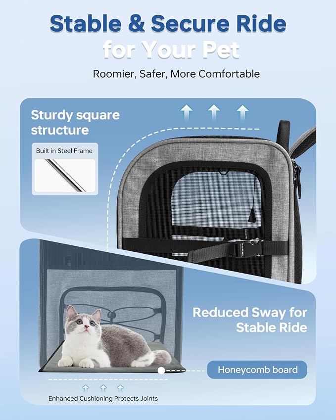 Hiking Dog Carrier Backpack, Adjustable Waist Cushioning Belt with Breathable Padded Back Support, Dog Carrier for Hiking with 5 Pockets, Dog Carrier Backpack for Small Dogs Max 13LB Grey
