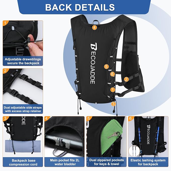 BECOJADDE Running Vest Hydration Backpack for Men Women, 5L Lightweight Running Backpack Hydration Pack for Marathon, Trail, Cycling, Hiking, Jogging