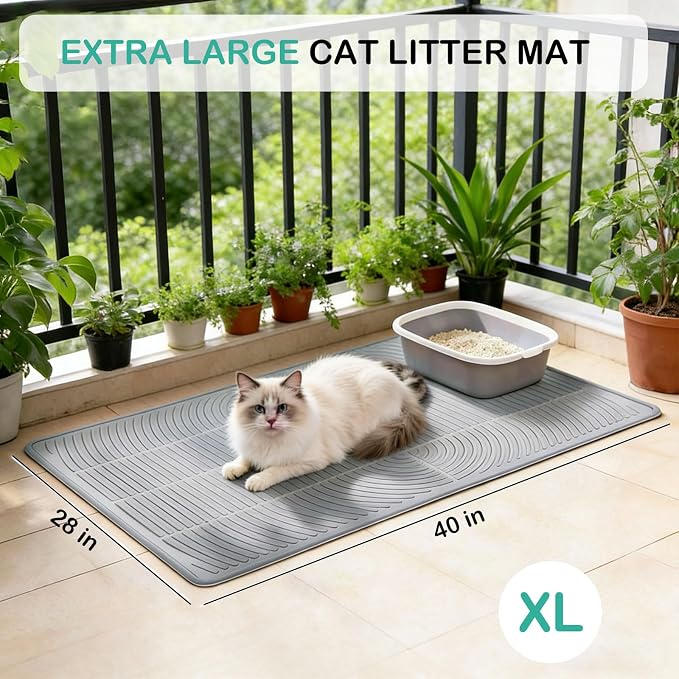 SORKUT Cat Litter Mat for Litter Box, 40x28 Inch Extra Large Silicone Litter Trapping Mat, Waterproof & Non-Slip Floor Protector, Soft on Kitty Paws, Easy to Clean & Durable, Gray