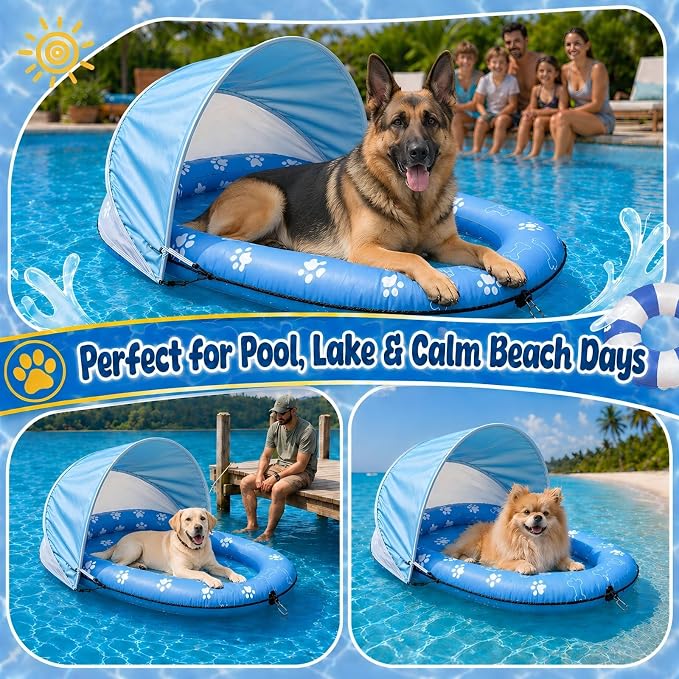 Dog Pool Float with Canopy - Heavy Duty 600D Oxford Anti-Tear Dog Raft, UPF 50+ Removable Sun Shade Inflatable Dog Float for Small, Medium & Large Dogs, Water Summer Toy for Lake & Pool, 55" x 35"