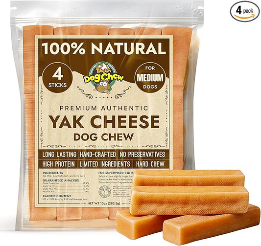 Tibetan Yak Cheese Dog Chew Sticks (4 Medium Chews) - Natural, Handmade, Long-Lasting, Easy to Digest, Ideal for Medium Dogs and Aggressive Chewers, Rawhide, Grain and Gluten Free, Keeps Dogs Busy