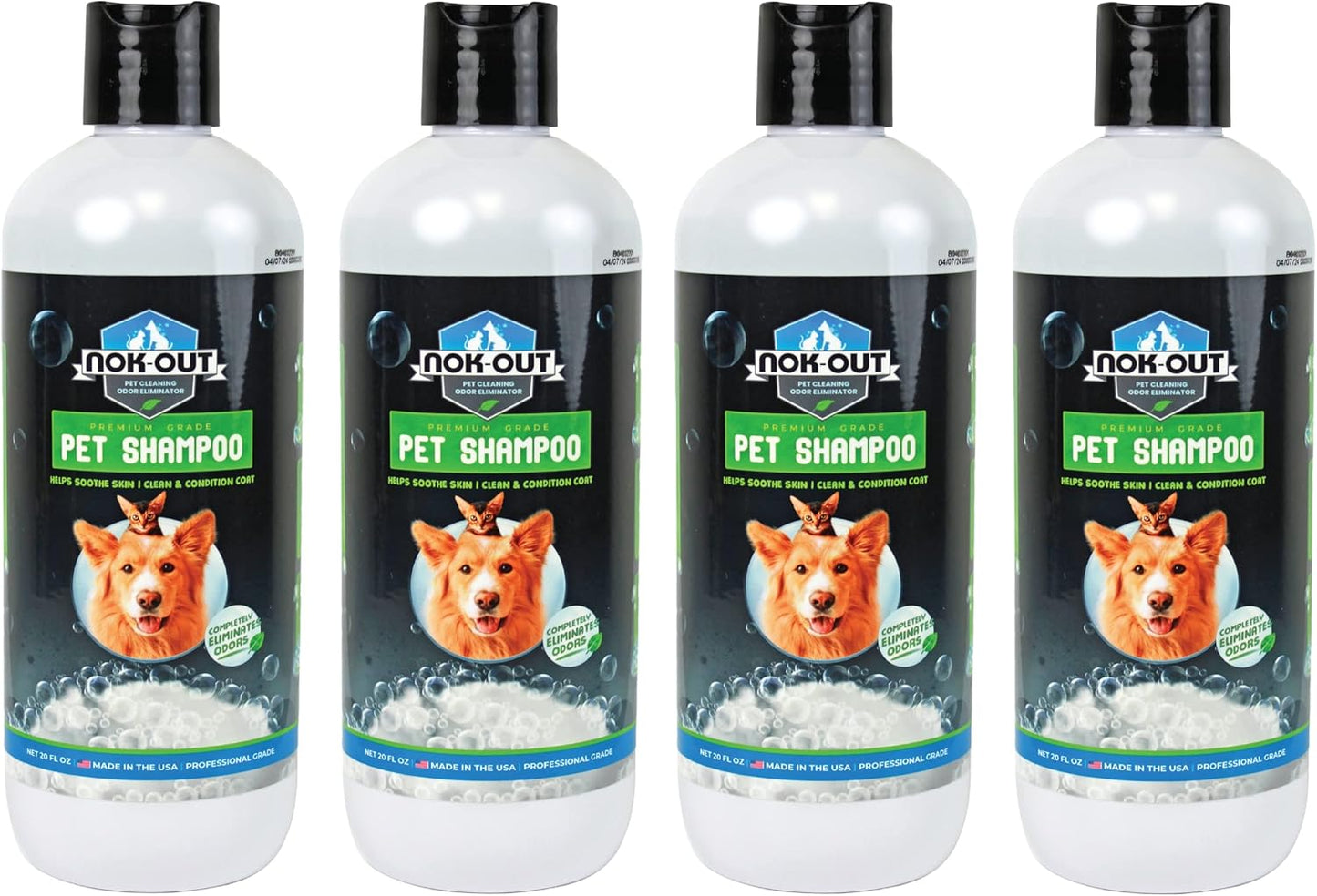 NOK OUT Premium Grade Pet Shampoo for Dogs and Cats, Veterinary Strength and Odor Eliminator Formula, Made in the USA, 20 Ounce Bottle, 4-Pack