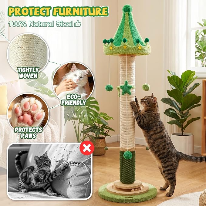 51'' Tall Cat Scratching Post,Luxury Carousel Shape Extra Thick Sisal Scratching Post for Indoor Cats Adults,Stable Stylish Cat Scratcher Tree with Interactive Wood Ball 2*Peppermint Toys for Large