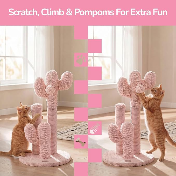 Marfa 21.5" Modern Triple Cactus Cat Scratching Post with Fuzzy Toy, Natural Jute Rope Scratcher with Weighted Non-Slip Base, Pink CTR1008C