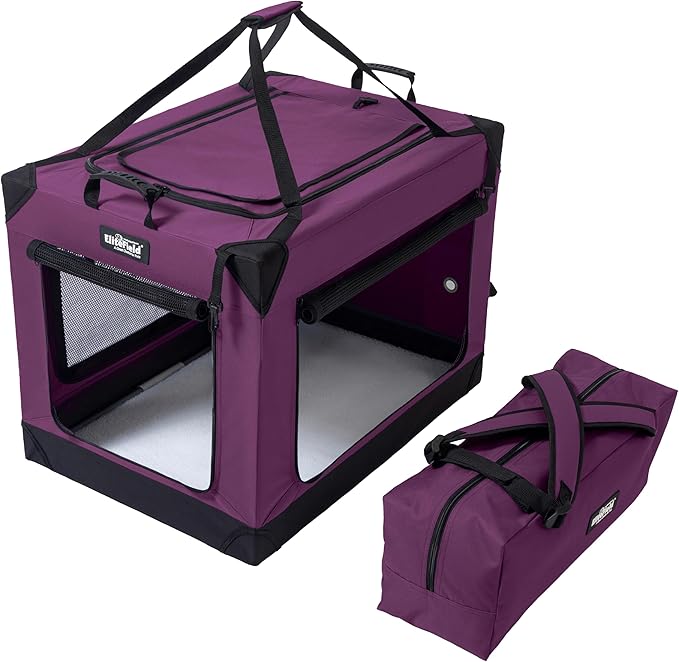 EliteField 4-Door Folding Soft Dog Crate (2-Year Warranty) with Aluminum Frame, Top Curtain, Carrying Bag, and Fleece Bed, Indoor & Outdoor Pet Home (30" L x 21" W x 22" H, Purple)