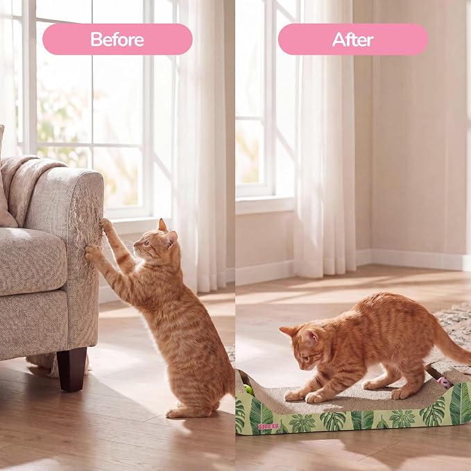 Rini 23.75" Modern Cardboard Cat Scratcher Lounge Bed with Built-in Bell Toys and Catnip, Ergonomic Curved Sofa Design, Mint/Green Leaf Pattern, Set of 2 CSR1003E-SET2