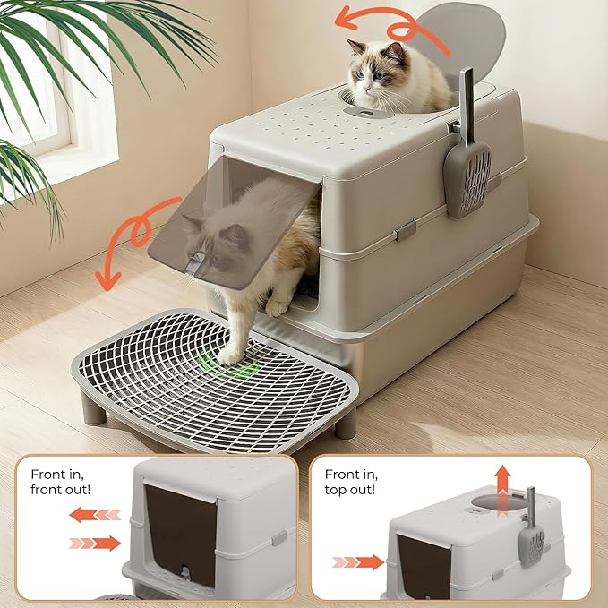 Stainless Steel XXL Cat Litter Box with 120° Lid, Enclosed Top Entry High-Sided Anti-Leak Cat Box, Dog Proof Litter Box for Multiple Cats, Includes Litter Step & Scoop
