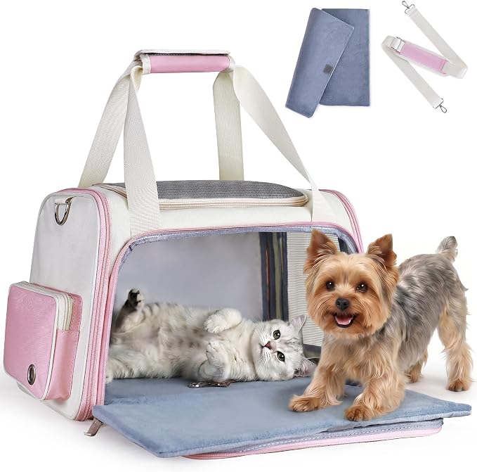 Homespon Soft-Sided Cat Carrier Dog Carrier, 34.5L Airline Approved Pet Carrier, Collapsible Travel Bag with Removable Bed for Small Dogs & Cats (Pink)