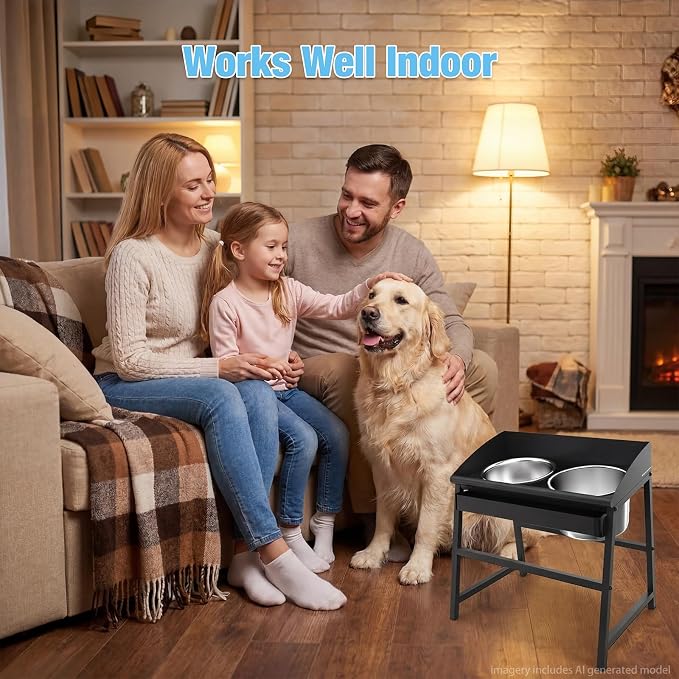 Spill Proof Tilted Elevated Dog Bowls for Large Breed, 15“ Tall Raised Dog Bowl with Stand, Stainless Steel Dog Food Bowl & Water Bowl Set for Indoor & Outdoor Use, Easy Clean Large Dog Bowl Dog Dish