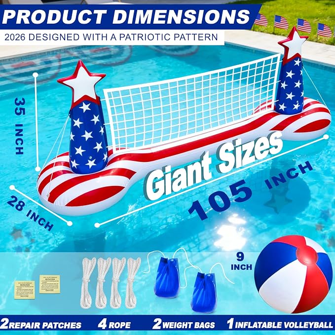 250th Anniversary American Flag Inflatable Pool Games Large Volleyball Net Pool Floats Set with 9" Beach Ball – 4th of July Floating Swimming Game Toy for Adults, Perfect for Patriotic Party Summer