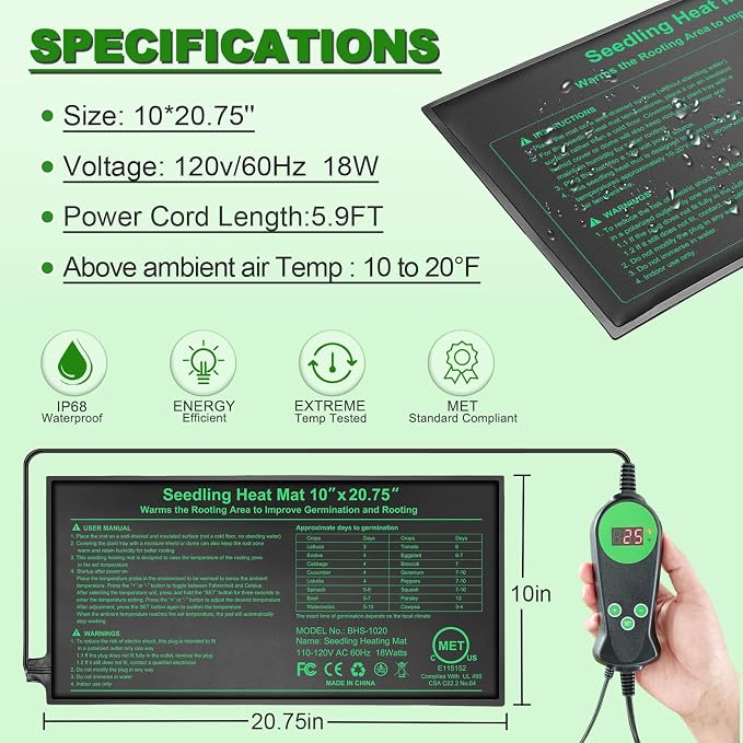 Bestio Seedling Heat Mat with Thermostat Combo Set,10 x 20.75in UL & MET-Certified Plant Heating Mat for Seed Starting,Hydroponic Plant,Heat Mat for Plants for Gardening,Greenhouse