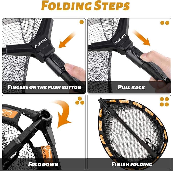 PLUSINNO Fishing Net Fish Floating Landing Net, Kayak Nets with Fixed Foldable Telescopic Pole Handle, Bass Trout Fishing Nets with Nylon Mesh for Pond Lake River, Fishing Gear Gifts for Men Anglers