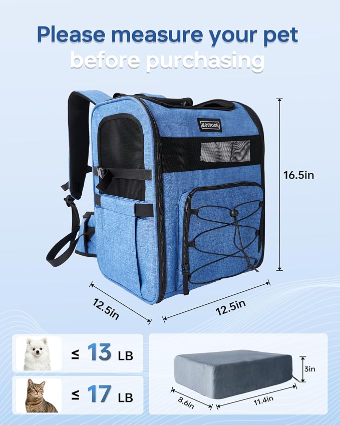 Hiking Dog Carrier Backpack, Padded Height-Enhancing Design, Adjustable Waist Cushioning Belt with Breathable Padded Back Support, Dog Carrier Backpack for Small Dogs Max 13LB Blue with Pad