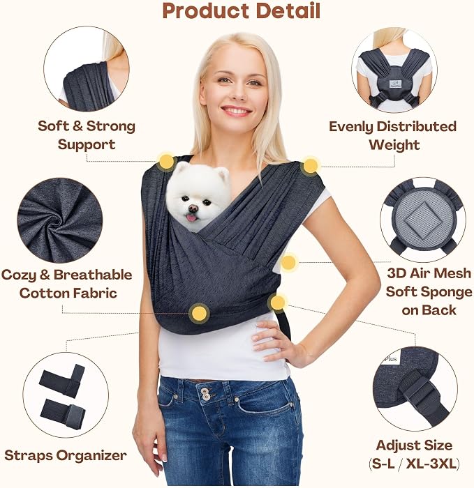 AnccoPlus Dog Carriers for Small Dogs, Front Facing Cat Carrier, Hands Free Dog Carrier, Size Adjustable Pet Carrier, Reducing Back Pain, Soft Cotton, Safe Small Dog Carrier (Plus, Charcoal Black)