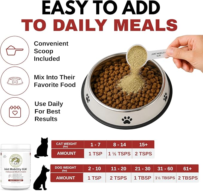 Wholistic Pet Organics - Hip and Joint Supplement for Dogs & Cats - Cat and Dog Joint Supplement - Green Lipped Mussels, Chondroitin, Glucosamine for Dogs & Cat Mobility Support - 1 Lb - 45 Scoops