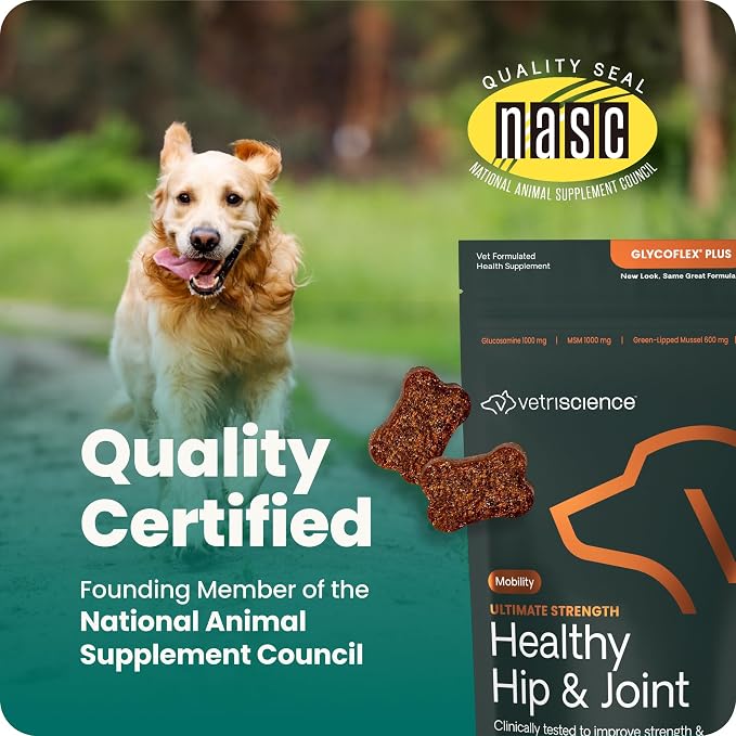 VetriScience Ultimate Strength Hip & Joint Supplement for Dogs – Supports Joint Health & Mobility, Vet-formulated w/Glucosamine, Chondroitin, MSM & Green-Lipped Mussel –Duck Flavor, 120 Chews