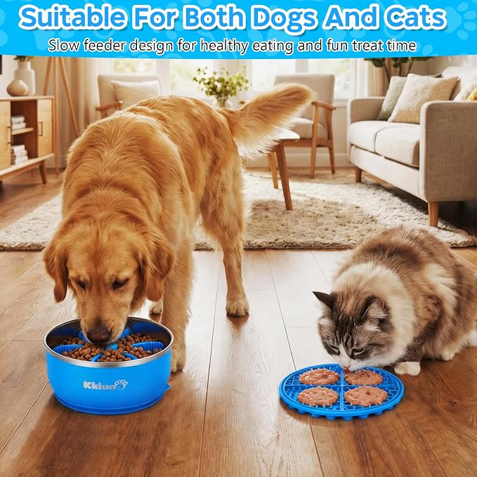 Slow Feeder Insert Dog Bowl 3-in-1 with Lick Mat - 64oz Stainless Steel Food Water Bowl, Non-Slip Suction Cup Base, Dishwasher Safe Puzzle Maze Insert for Dogs Cats All Breeds, Blue