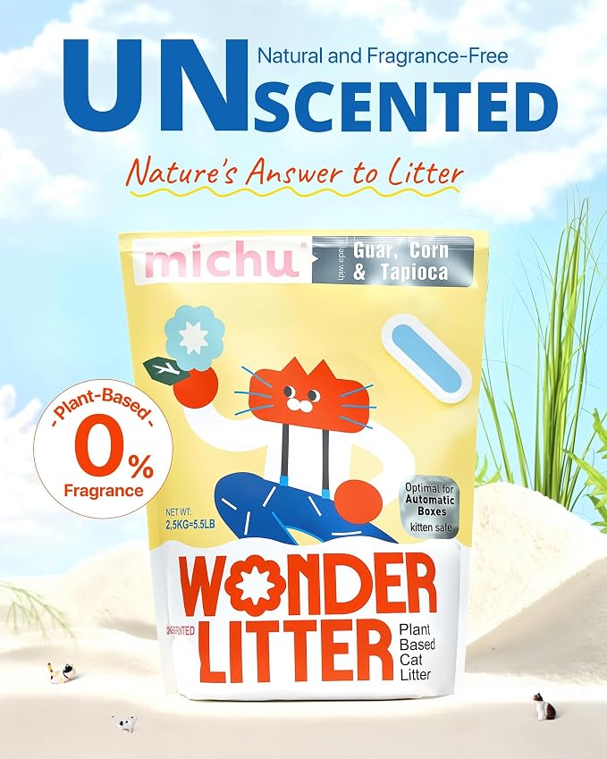 Michu Wonder Cat Litter, Cassava Plant-Based Cat Litter, Automatic Litter Box Friendly, Flushable & Fast Clumping, Low Dust Odor Control, 5.5lb/88oz - Unscented 8 Pack