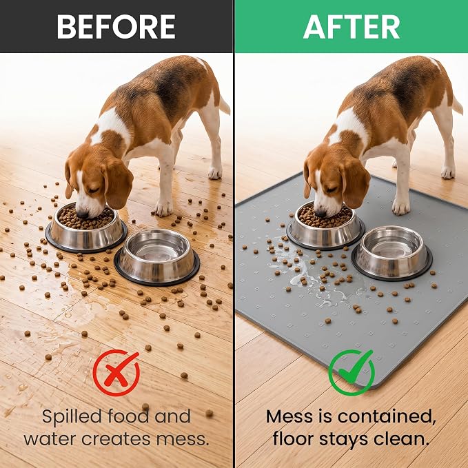 Silicone Pet Feeding Mat, 26x26 Inch Waterproof Dog Bowl Mat – Non-Slip, Machine Washable, Thin 0.28 Inch Edge for Messy Eaters, Protects Hardwood & Tile Floors, Dark Grey