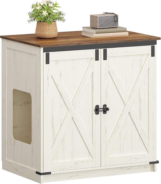 Hzuaneri Cat Litter Box Enclosure Enclosed, Hidden Litter Box Furniture Cabinet Large, Wooden Indoor Cat House with Adjustable Shelf for Top Entry Litter Box, Farmhouse Rustic Brown and White CB85414X