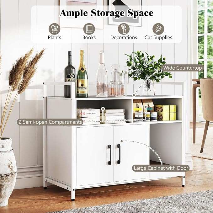 Tangkula Litter Box Enclosure, Enclosed Cat Box Cabinet with 2 Storage Compartment, Metal Frame, Scratching Board, Hidden Cat Washroom, Modern Litter Box Furniture for Indoor Kittens