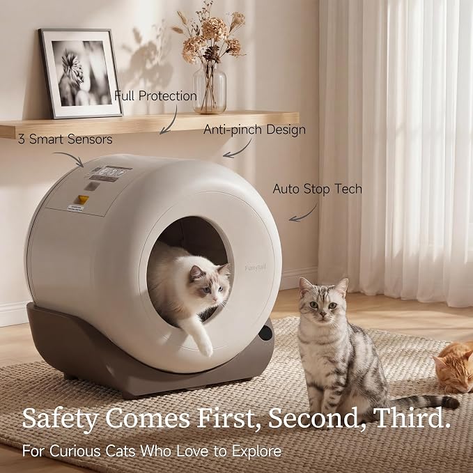 Furrytail Automatic Litter Box Self Cleaning, Kitty Litter Box, Smart Safety Sensors, Advanced Odor & Leak Control, Large Capacity for Multi Cat Homes, with App Control & 40 Trash Bags, Gray