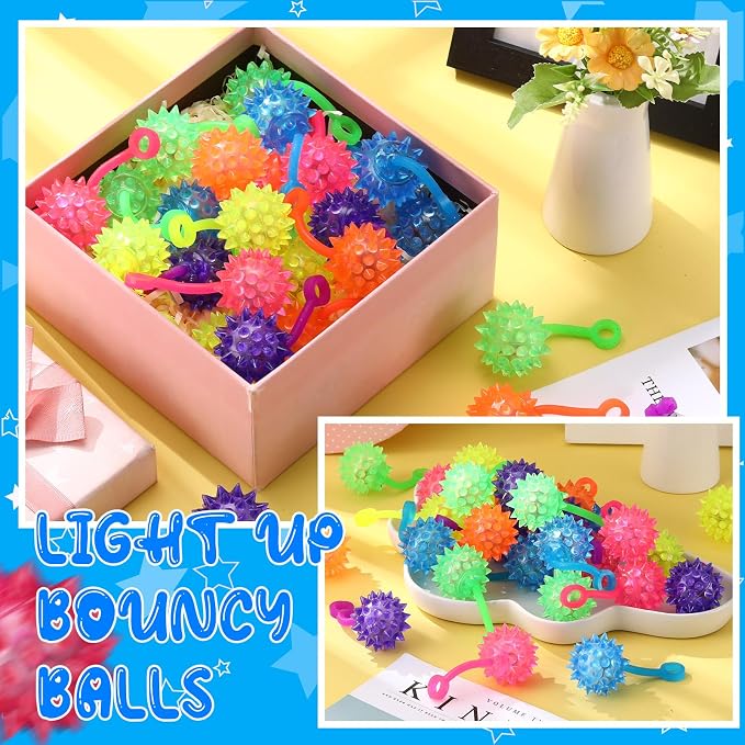 Sotiff 30 Pcs Mini Light up Ball Spiky LED Bouncy Flashing Ball Multicolor Stress Relief Balls Rubber Sensory Glow Balls Carnival Prizes Bulk Items Gifts Birthday Party Favors, 1. 5 Inch
