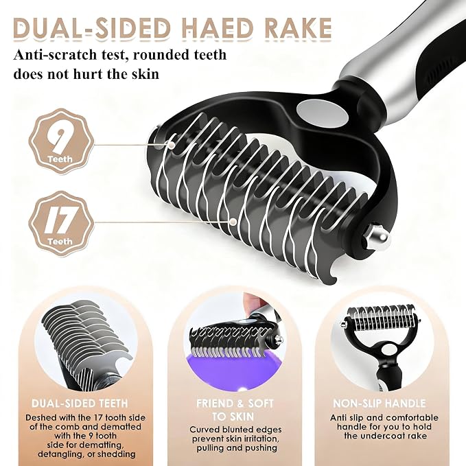Large Dog Slicker Brush for Goldendoodles, Poodles - 3 in 1 Grooming Kit with Undercoat Rake & Comb - Extra Long Pins Slicker Brush for Dematting, Thick Coats, Shedding, Detangling, Natural