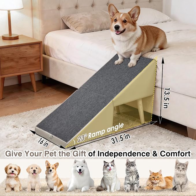 Split Ottoman Dogs Ramp, Dog Ramp for Couch and Bed, Dog Stairs for Small Dogs and Cats, 2-in-1 Foldable Wooden Pet Stairs and Ottoman,Non-Slip Fabric Surface Ramp for Couch and Bed Gray