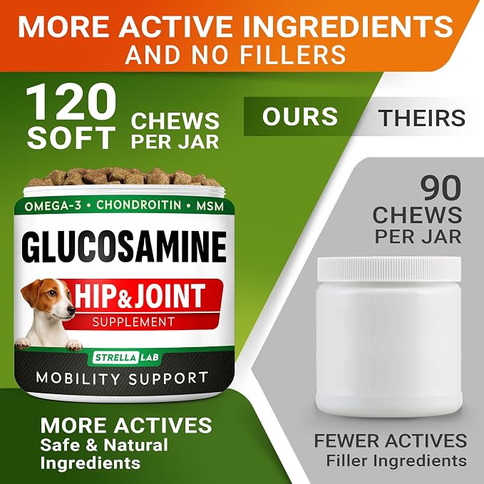 Glucosamine Treats for Dogs - Joint Supplement w/Omega-3 Fish Oil - Chondroitin, MSM - Advanced Mobility Chews - Joint Pain Relief - Hip & Joint Care - Chicken Flavor - 120 Ct - Made in USA