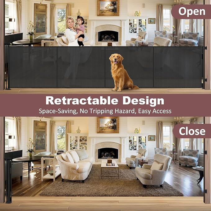 Reinforced 41" Tall × 150" Extra Long Retractable Baby Gate with Support Rods, Indoor Dog Gates for The House Extra Wide Retractable Gate Outdoor Retractable Dog Gate Tall Baby Gates for Dogs, Black