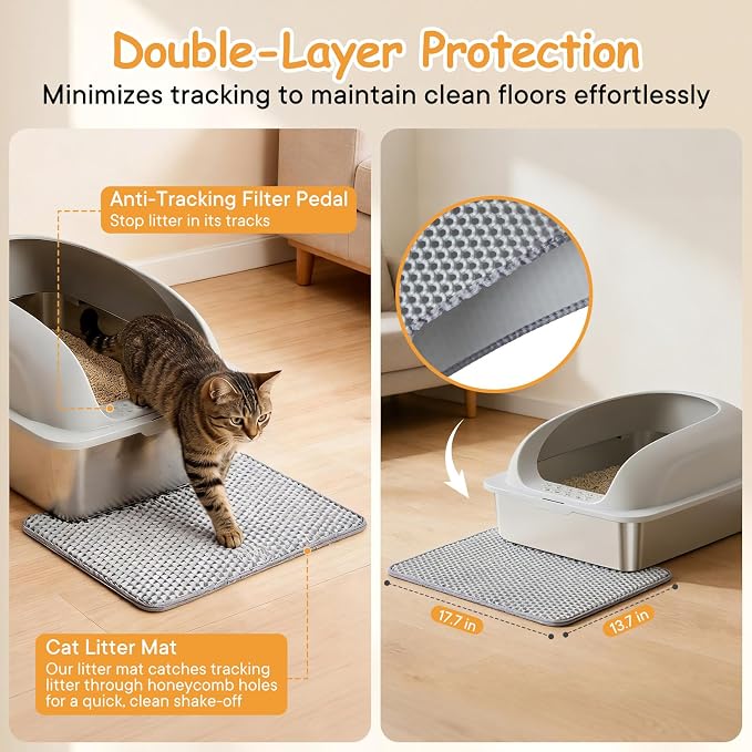 Extra Large Cat Litter Box with Lid, Stainless Steel Cat Litter Box with Scoop and Mat, High Walls for Anti-Urine Leakage, Easy Cleaning, Light Gray