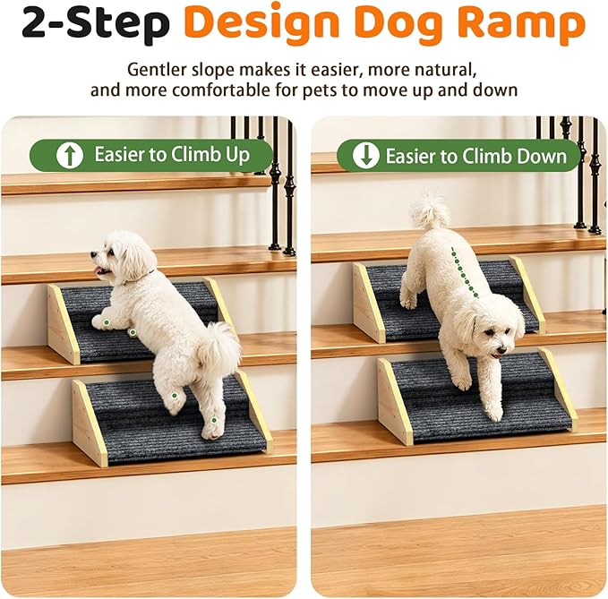 2 Pack Dog Ramp for Stairs-2-Step Wooden Pet Ramp with Non-Slip Carpet for Small Dogs,Gentle Slope Support for Senior Injured Aging Short-Legged Pets,Indoor Use