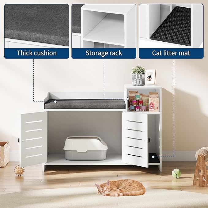 Hidden Cat Litter Box Enclosure Cabinet with Mark Pad – Modern Farmhouse Cat House Furniture, Storage Shelf – Discreet Indoor Use for Hallway or Bedroom, White