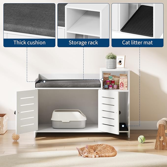 Patikuin Hidden Cat Litter Box Enclosure Cabinet with Mark Pad & Storage Shelf – Modern Farmhouse Indoor Cat House Furniture for Bedroom or Hallway – Odor Control, White