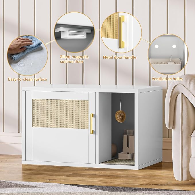 Cat Litter Box Enclosure, Hidden Litter Box Furniture with Door & Bell, Pet House Fit Most of Litter Box, White