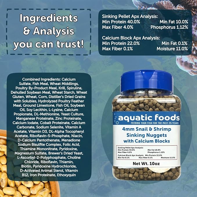 Calcium Blocks Included in Snail & Shrimp, 4mm-3/16 Sinking 40% Protein Nuggets for Snails, Shrimp, Crabs, All Bottom Tropical Fish...4-lbs 12oz Jar